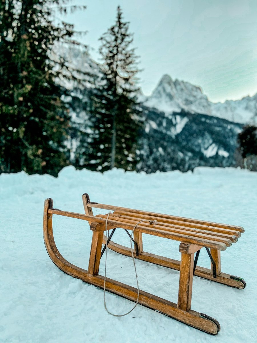 Alter Holzschlitten im Schnee vor einem Tannenwald